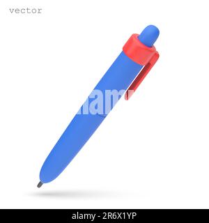 Icône Vector 3D Ballpoint Pen. Joli dessin animé 3D plume. Stylo à bille mécanique bleu réaliste 3D. Illustration vectorielle isolée sur fond blanc Illustration de Vecteur