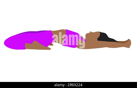 Flexibilité yoga pose couché sur le dos. Afro-américaine femme, femme, femme, fille. Pilates, santé mentale, entraînement, gym. Illustration vectorielle i Illustration de Vecteur