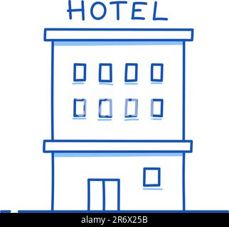 Bâtiment de l'hôtel. Bâtiment de style hôtel dessiné à la main et à l'esquisse. Élément isolé avec trait de plume bleu. Voyage d'été, concept d'eau. Illustration vectorielle. Illustration de Vecteur