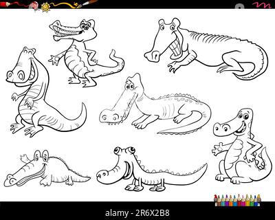 Dessin animé noir et blanc illustration humoristique des crocodiles animaux personnages ensemble coloriage page Illustration de Vecteur