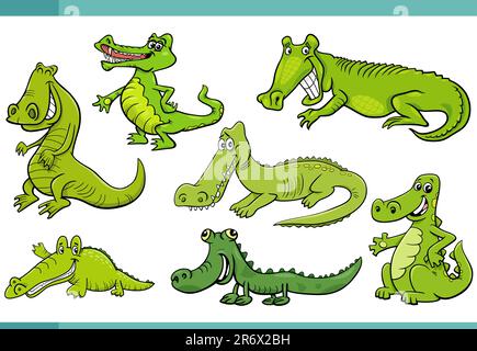 Illustration de dessin animé de drôle de crocodiles jeu de personnages d'animaux de bande dessinée Illustration de Vecteur