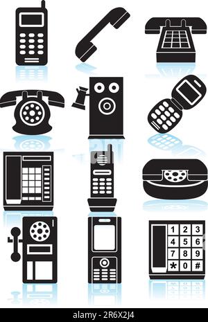 Ensemble de 12 styles d'icônes de téléphone - noir et blanc. Illustration de Vecteur