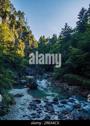 Gorge de montagne Orrido Dello Slizza à Tarvisio, Italie, Friuli avec ruisseau vallée rocheuse canyon pendant l'été Golden hour coucher de soleil Banque D'Images