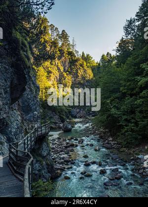 Gorge de montagne Orrido Dello Slizza à Tarvisio, Italie, Friuli avec ruisseau vallée rocheuse canyon pendant l'été Golden hour coucher de soleil Banque D'Images