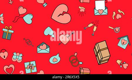 Texture sans couture d'un ensemble d'articles d'amour avec des coeurs et des cadeaux pour les vacances de l'amour Saint-Valentin 14 février ou 8 mars sur un dos rouge Illustration de Vecteur