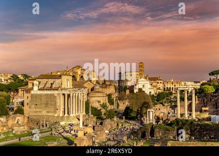 Vue sur le Forum en direction du Colisée à Rome, Italie Banque D'Images