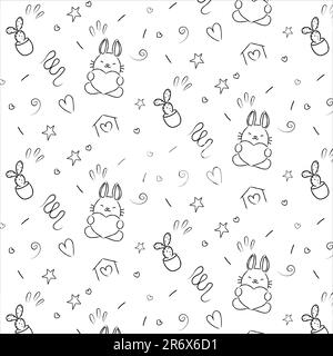 Patter dessiné à la main dans le style des caniches, enfants, dessiné: lapin, coeur, étoile, cactus Illustration de Vecteur