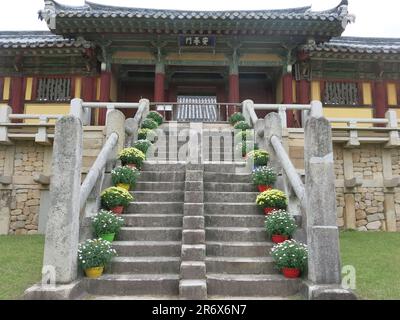 Lotus Flower et Seven Treasures Bridge: Les deux vols de marches en pierre menant à la porte Anywangmun ou Paradise Gate au temple bouddhiste de Bulguksa. Banque D'Images
