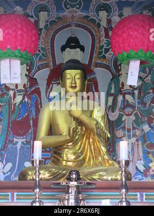 La statue assise en bronze doré du Bouddha Vairocana des Lumières du 9th siècle, Trésor national no 26 au Temple Complex de Bulguksa, Corée du Sud Banque D'Images