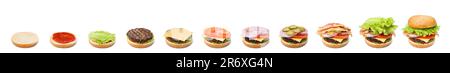 Préparation de hamburgers étape par étape sur fond blanc. Conception de collage Banque D'Images