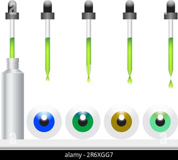 Flacon de gouttes oculaires avec séquence d'animation de gouttes. Ensemble d'yeux aux couleurs bleu, vert, noisette et marron. Illustration de Vecteur