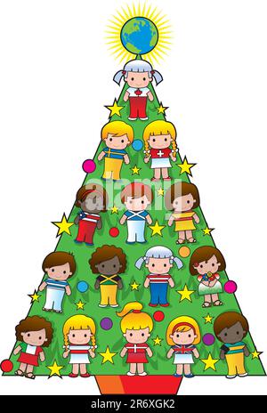 Un arbre de Noël avec des enfants de différents pays et une étoile de globe comme décorations Illustration de Vecteur