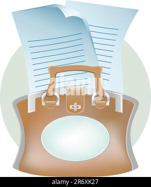 Porte-documents en cuir épais avec des documents écrits qui sortent de l'étui. Illustration de Vecteur