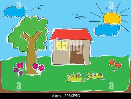 Illustrations vectorielles du dessin d'une maison d'enfant dans un environnement naturel agréable Illustration de Vecteur
