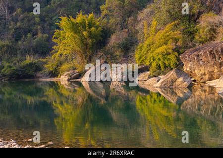 L'eau verte émeraude de la rivière Nine Bend ou de la rivière Jiuxi à travers Wuyishan ou le mont wuyi région pittoresque dans la province de Fujian en Chine. Arrière-plan du coucher du soleil Banque D'Images