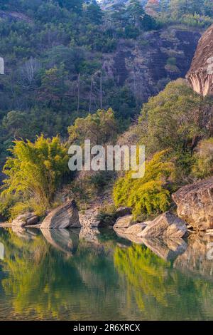 L'eau verte émeraude de la rivière Nine Bend ou de la rivière Jiuxi à travers Wuyishan ou le mont wuyi région pittoresque dans la province de Fujian en Chine. Arrière-plan du coucher du soleil Banque D'Images