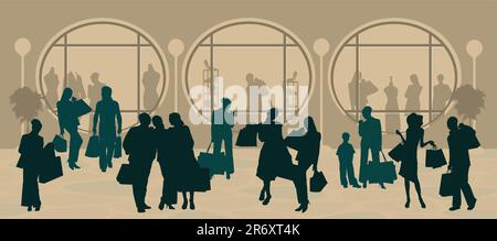 Shopping silhouettes d'hommes et de femmes sur un fond abstrait Illustration de Vecteur