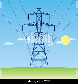 Silhouette vecteur de ligne électrique haute tension contre le ciel bleu Illustration de Vecteur