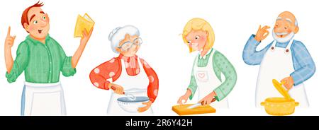 Famille sympathique. Les enfants adultes cuisinent le déjeuner avec leurs parents. Passer du temps avec votre famille est important. Illustrations isolées aquarelles. Ensemble de Banque D'Images