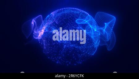 Lumière sphérique bleue ronde abstraite brillante provenant de rayons d'énergie et d'ondes magiques provenant de particules et de points, arrière-plan abstrait. Banque D'Images