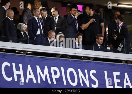 ISTANBUL - Aleksander Ceferin, Président de l'UEFA, Recep Tayyip Erdogan, Président des Émirats arabes Unis Mohammed Bin Zayed, Cheikh Mansour Ben Zayed propriétaire du FC de la ville de Manchester et du groupe de football de la ville lors de la finale de la Ligue des champions de l'UEFA entre le FC de la ville de Manchester et le FC Inter Milan au stade olympique Ataturk sur 10 juin 2023 à Istanbul, en Turquie. AP | hauteur néerlandaise | MAURICE DE PIERRE Banque D'Images