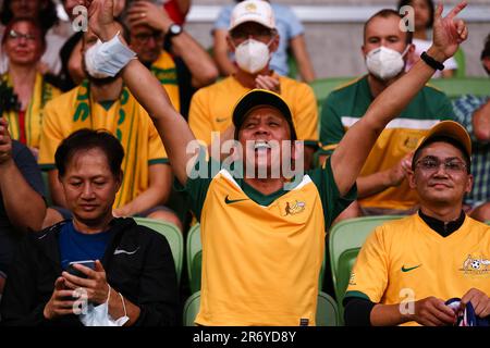 MELBOURNE, AUSTRALIE - 27 JANVIER : les fans de Socceroos applaudissent lors du match de football qualificateur de la coupe du monde entre les Socceroos australiens et le Vietnam sur 27 janvier 2022 au parc AAMI à Melbourne, en Australie. Banque D'Images
