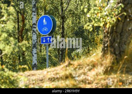 Chemin piétonnier et panneau de signalisation sur la piste cyclable dans le parc public de Halmstad, en Suède. Mise au point sélective. Banque D'Images