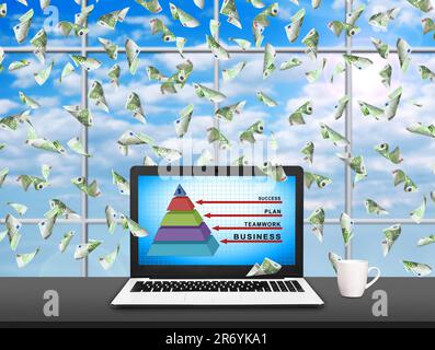 Ordinateur portable avec pyramide professionnelle à l'écran et billets de 100 euros Banque D'Images