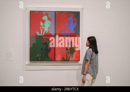 Londres, Royaume-Uni. 12 juin 2023 . Andy Warhol Self Portrait 1966-67 polymère synthétique, acrylique et sérigraphie, encres sur lin, YAGEO Foundation Collection, Taïwan. Une nouvelle exposition de grande envergure qui immortaliser l'instant présent à Tate Modern. conversation ouverte entre certains des plus grands peintres et photographes de ces dernières générations, qui se penche sur la façon dont la brosse et l'objectif ont été utilisés pour capturer des moments dans le temps, et sur la manière dont ces deux médiums se sont inspirés et influencés les uns les autres. L'exposition à Tate Modern du 13 juin au 28 janvier 2024. Credit: amer ghazzal / Alamy Live News Banque D'Images