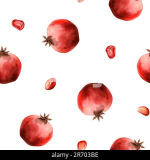 Simple grenade aquarelle sans couture motif avec fruits et graines juteux rouge vif. Illustration botanique réaliste Banque D'Images