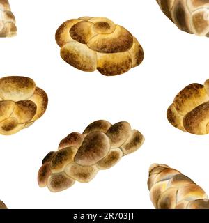Chala pain aquarelle sans couture motif sur blanc avec des loafs tressés juifs pour Shabbat samedi, boulangerie casher Banque D'Images