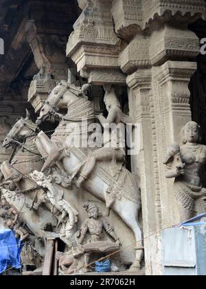 Piliers avec cavalier de cheval décorant le Temple Meenakshi Amman à Madurai, Tamil Nadu, Inde. Banque D'Images