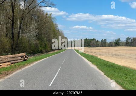 ancienne route pavée à travers la forêt et le champ au printemps, temps chaud ensoleillé sur la route au début du réchauffement du printemps Banque D'Images