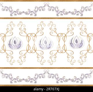 Bordure damassé sans couture aquarelle dessinée à la main. Motif fleuri. Peut être utilisé pour le textile, l'impression ou autre conception. Motif fleuri. Banque D'Images