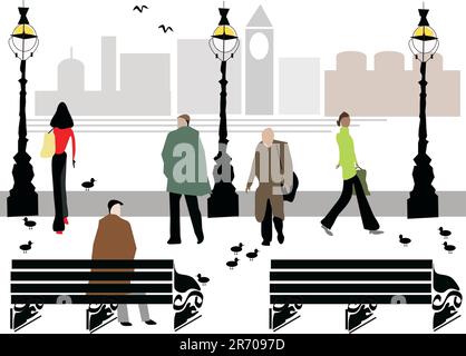 Illustration stylisée de personnes marchant et s'asseyant le long du quartier de London Embankment. Illustration de Vecteur