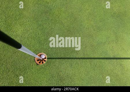 Vue de dessus du ballon de golf blanc aménagé dans un trou rond sur le parcours de golf à la lumière du jour en été Banque D'Images
