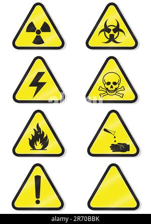 Jeu d'illustrations vectorielles de différents signaux d'avertissement de matière noisette. Tous les objets vectoriels et les détails sont isolés et regroupés. Couleurs et fond transparent... Illustration de Vecteur