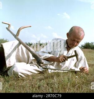 Maramures pays, Roumanie, environ 1980. Homme portant des vêtements traditionnels faits à la main, aiguisant son scythe. Banque D'Images