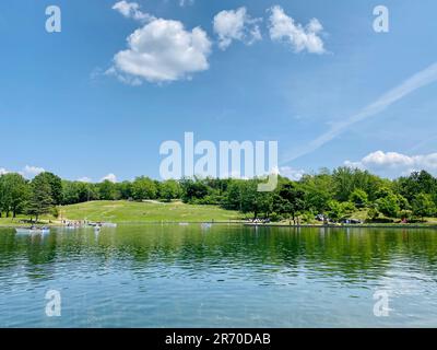 Vue sur le parc de la fontaine du lac Beaver, au sommet de la montagne Mont-Royal, en été. Banque D'Images