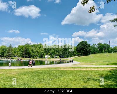 Vue sur le parc de la fontaine du lac Beaver, au sommet de la montagne Mont-Royal, en été. Banque D'Images