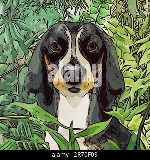 Peinture aquarelle . Illustration botanique imprimable, motif en tissu, à utiliser dans les graphiques. Le chien dans l'illustration. Banque D'Images