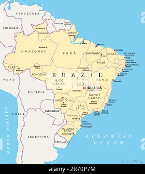 Etats du Brésil, carte politique. Unités fédératives avec frontières et capitales. Entités infranationales avec un certain degré d'autonomie. Banque D'Images