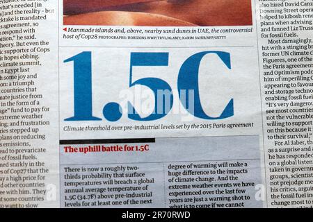 "1,5C seuil climatique sur les niveaux pré-industriels fixés par l'accord de Paris 2015" journal Guardian global temperature article juin 2023 Londres UK Banque D'Images