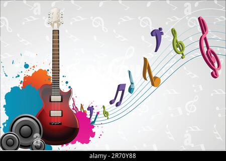 Illustration de la guitare avec les notes de musique sur fond musical abstrait Illustration de Vecteur