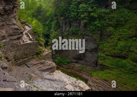 Les randonneurs explorent la gorge de Lucifer Falls située dans le parc national Robert H. Treman à Ithaca, dans la région de Finger Lakes, dans l'État de New York, pendant la somme Banque D'Images