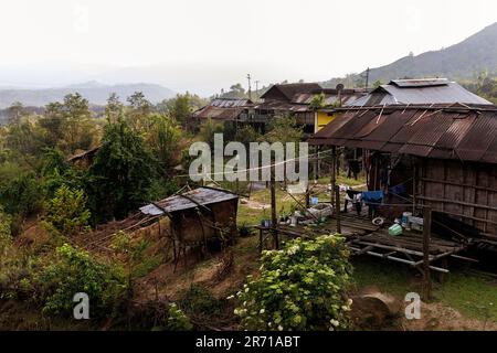 Maisons traditionnelles en bois fabriquées en bambou d'une tribu Nyishi dans un petit village de Yazali dans l'Arunachal pradesh, Inde Banque D'Images