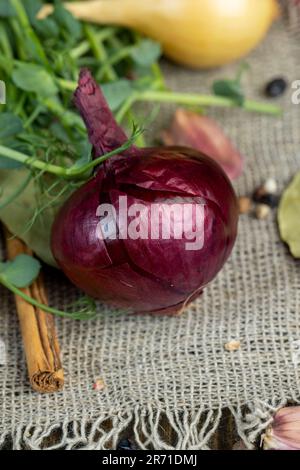 Bulbe d'oignon et autres épices sur la table tout en cuisinant des plats dans la cuisine de l'Europe de l'est, un mélange d'épices et de têtes d'oignon sur la table Banque D'Images