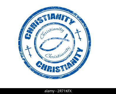 Timbre en caoutchouc bleu avec symbole de poisson et le mot christianisme écrit à l'intérieur du timbre Illustration de Vecteur