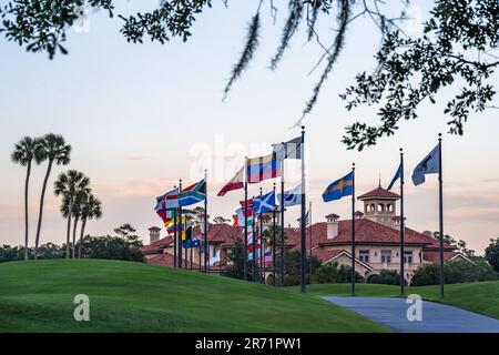 Drapeaux internationaux le long du TPC Sawgrass Stadium course, stade des JOUEURS Championship, à Ponte Vedra Beach, Floride. (ÉTATS-UNIS) Banque D'Images