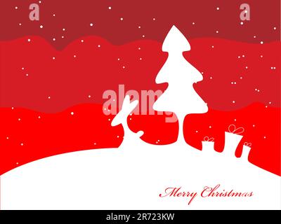 Image vectorielle pour Noël. Silhouette blanche de lapin, arbre et cadeaux sur fond rouge Illustration de Vecteur